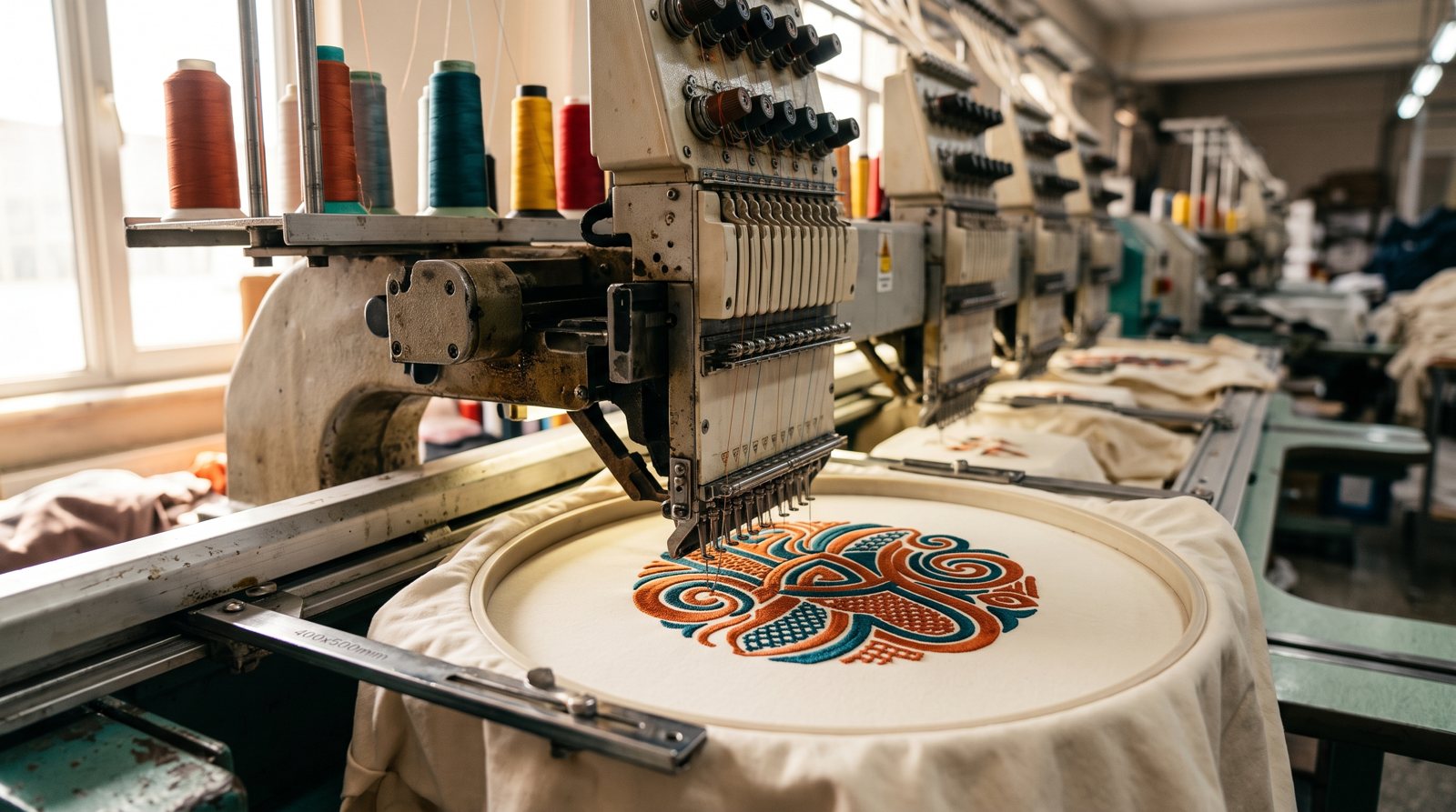 Multi-head embroidery machine at work