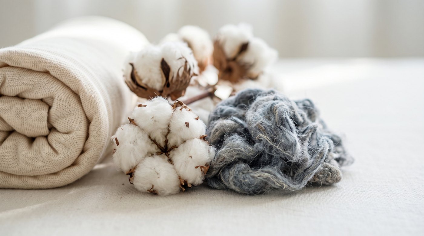 Organic cotton fibre and recycled fibre beside undyed jersey